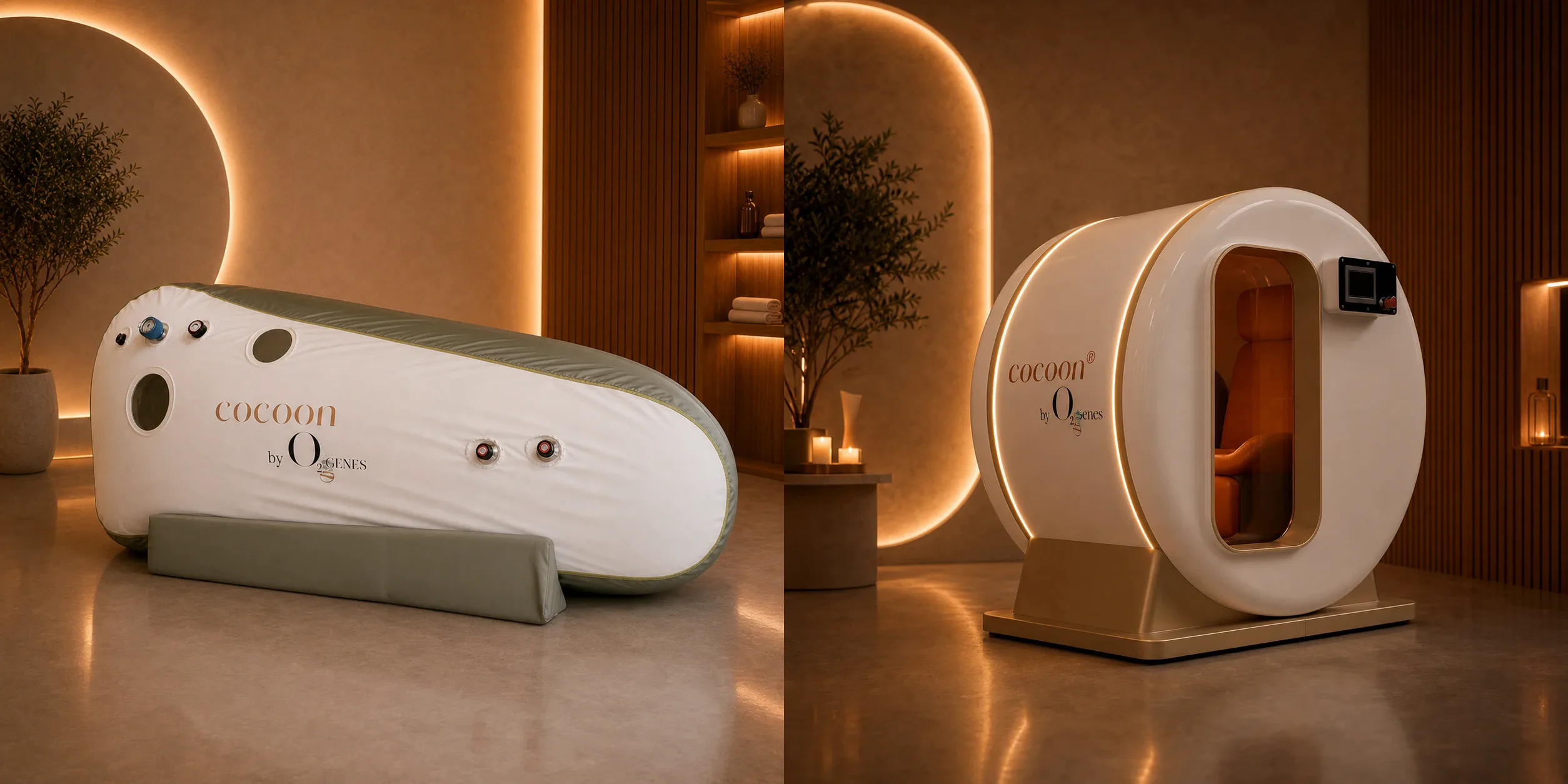 O2genes Soft Shell HBOT cocoon® and Hard Shell HBOT cocoon® product series shown without occupants