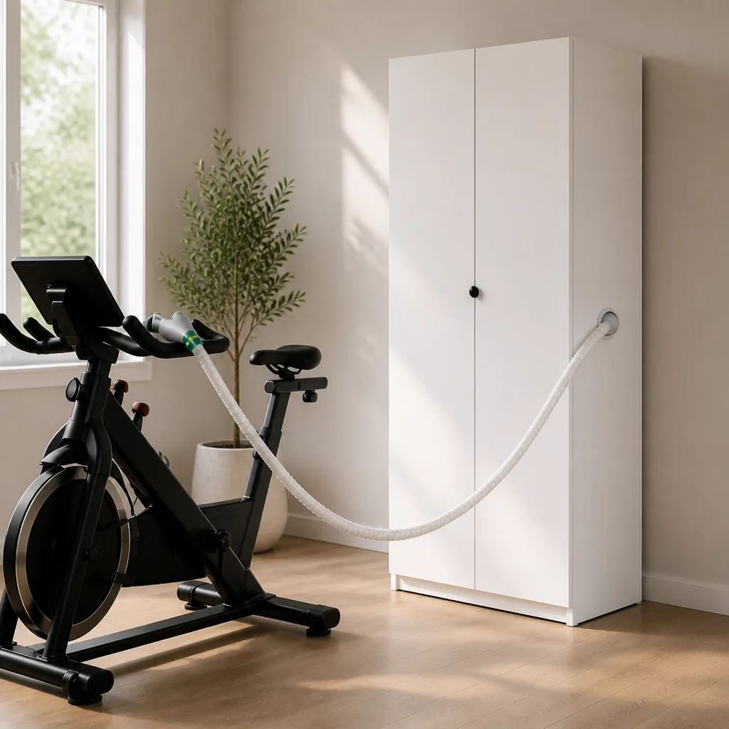 Closed white EWOT wardrobe cabinet with side delivery hose toward a bike