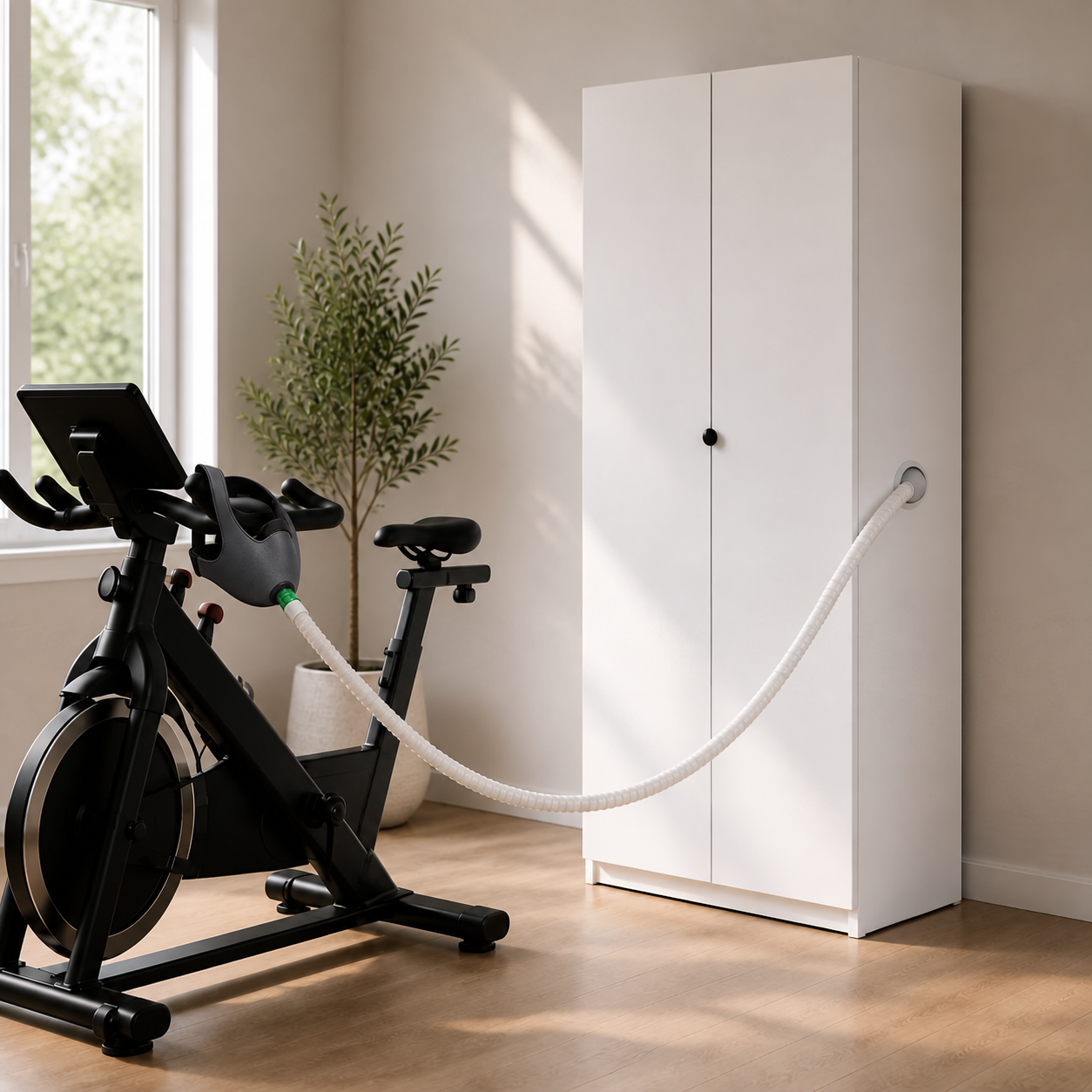 Closed white EWOT wardrobe cabinet with a high-flow mask mounted on the bike handlebar