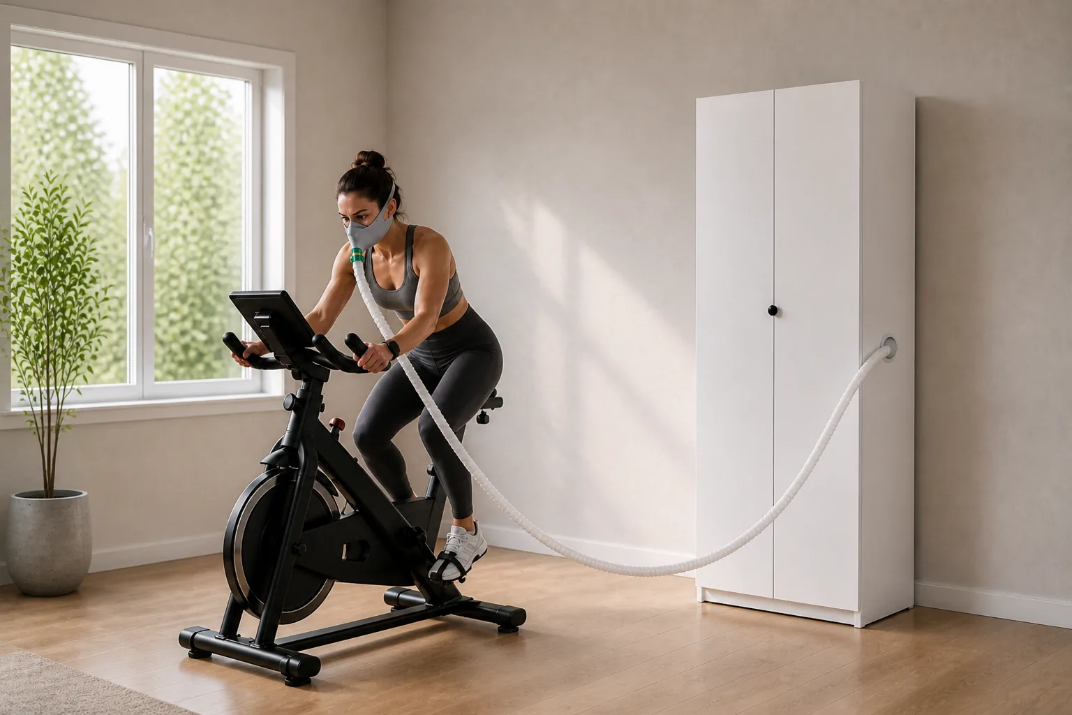 Woman training on a stationary bike with EWOT mask hose connected to the cabinet side port
