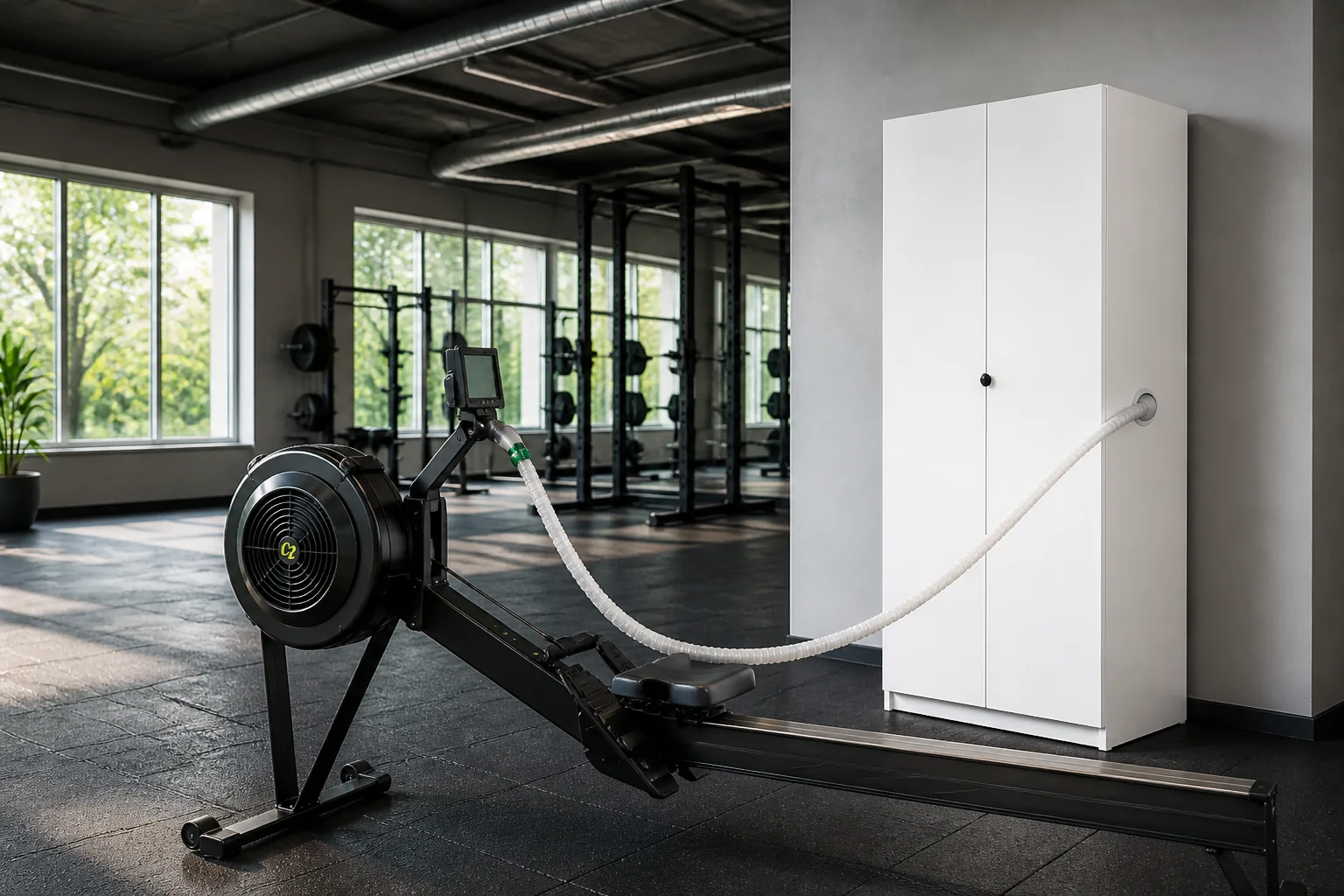 White EWOT cabinet beside a rower with a side delivery hose