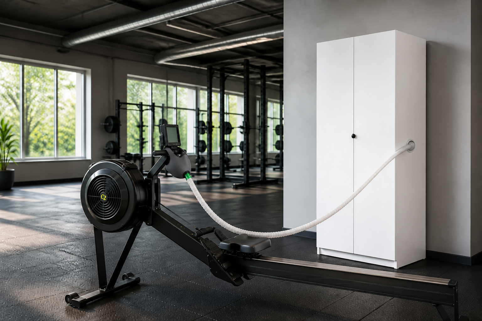 White EWOT cabinet beside a rower with a high-flow mask mounted on the monitor support