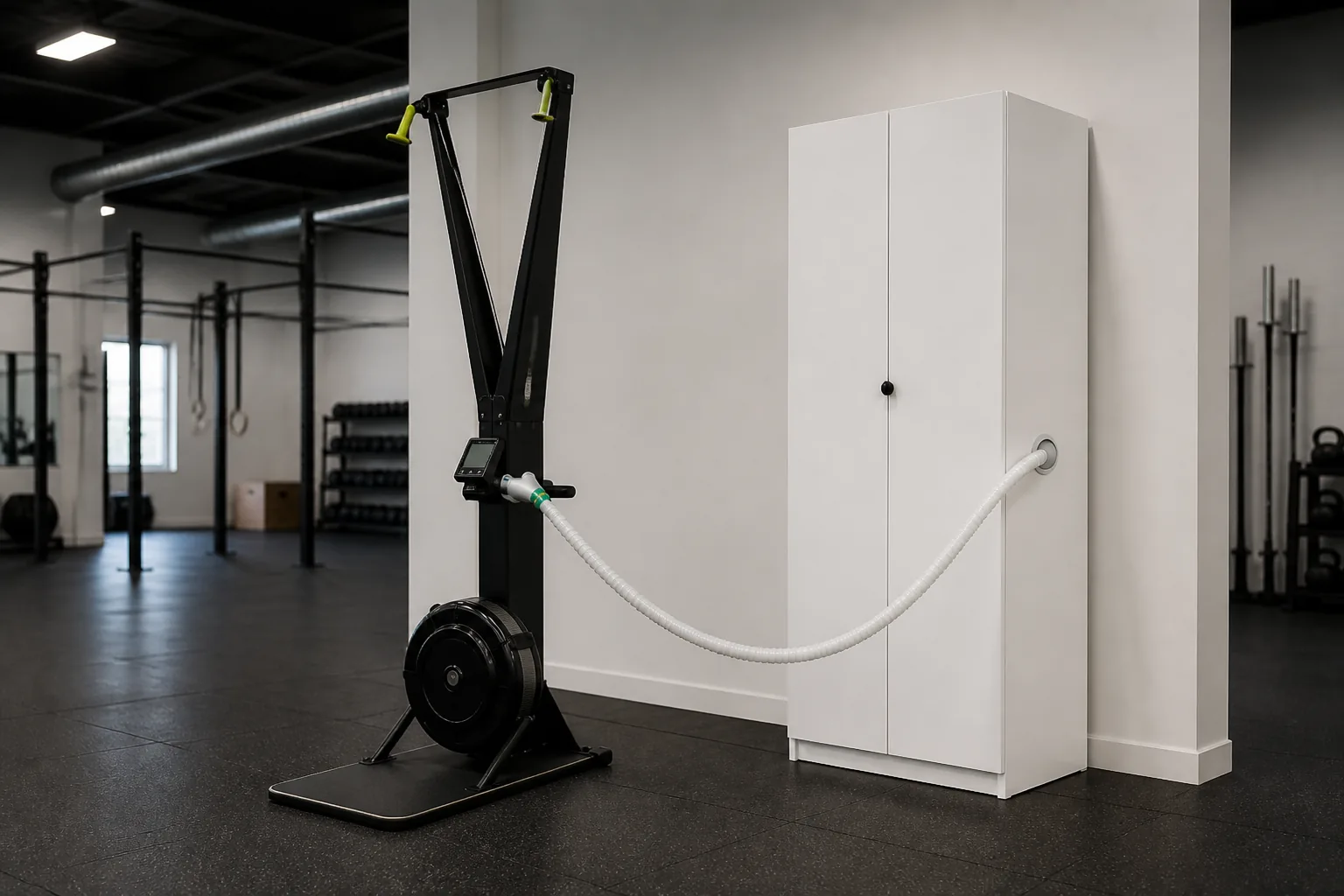 White EWOT cabinet beside a SkiErg with a side delivery hose