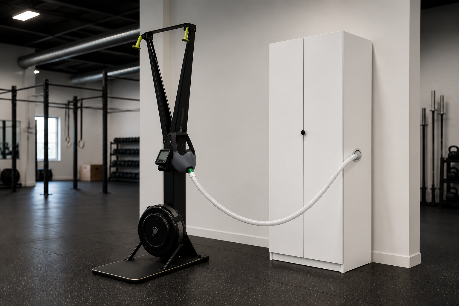 White EWOT cabinet beside a SkiErg with a high-flow mask mounted on the upright