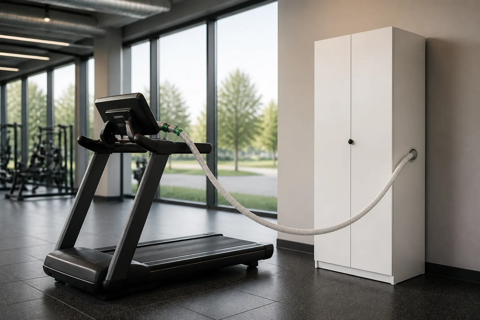 White EWOT cabinet beside a treadmill with a side delivery hose