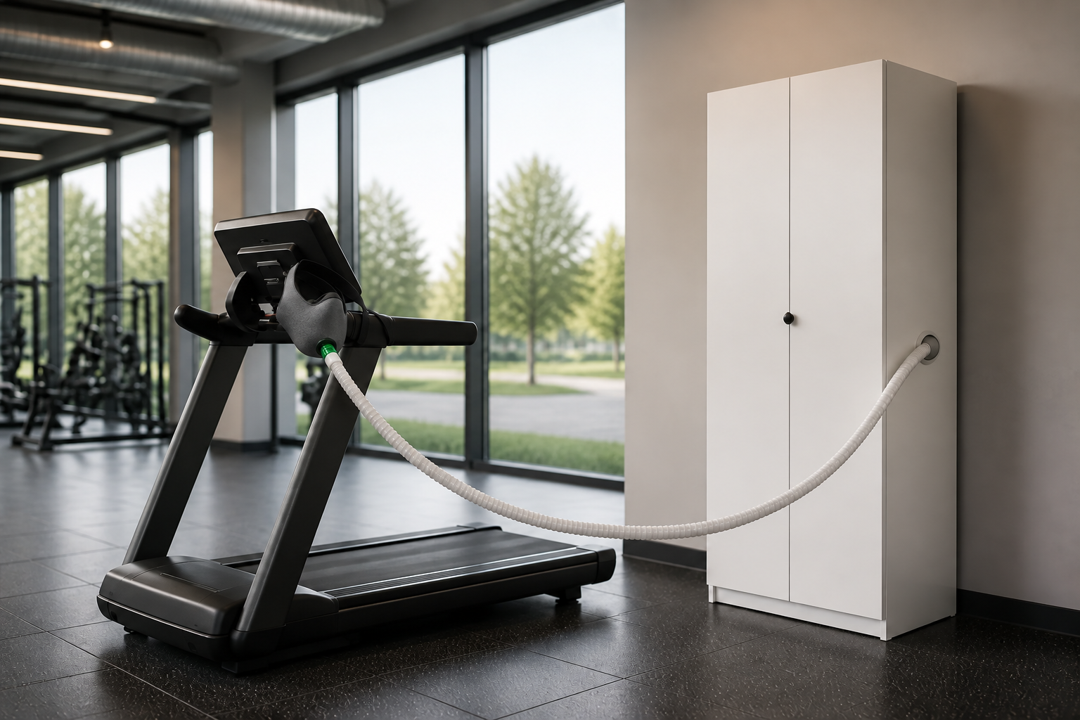 White EWOT cabinet beside a treadmill with a high-flow mask mounted on the console