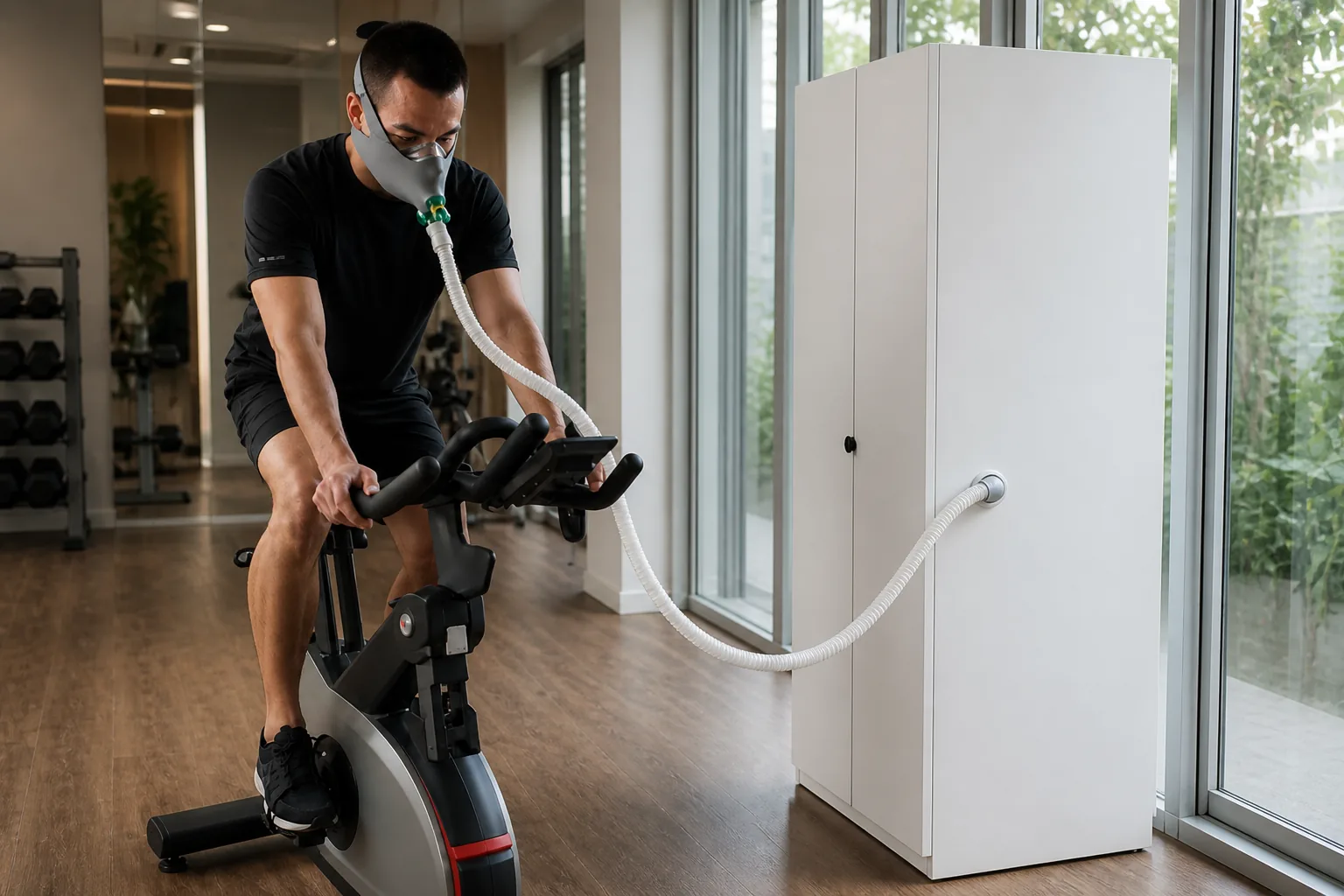 EWOT training with bike, mask, and wardrobe cabinet side hose port