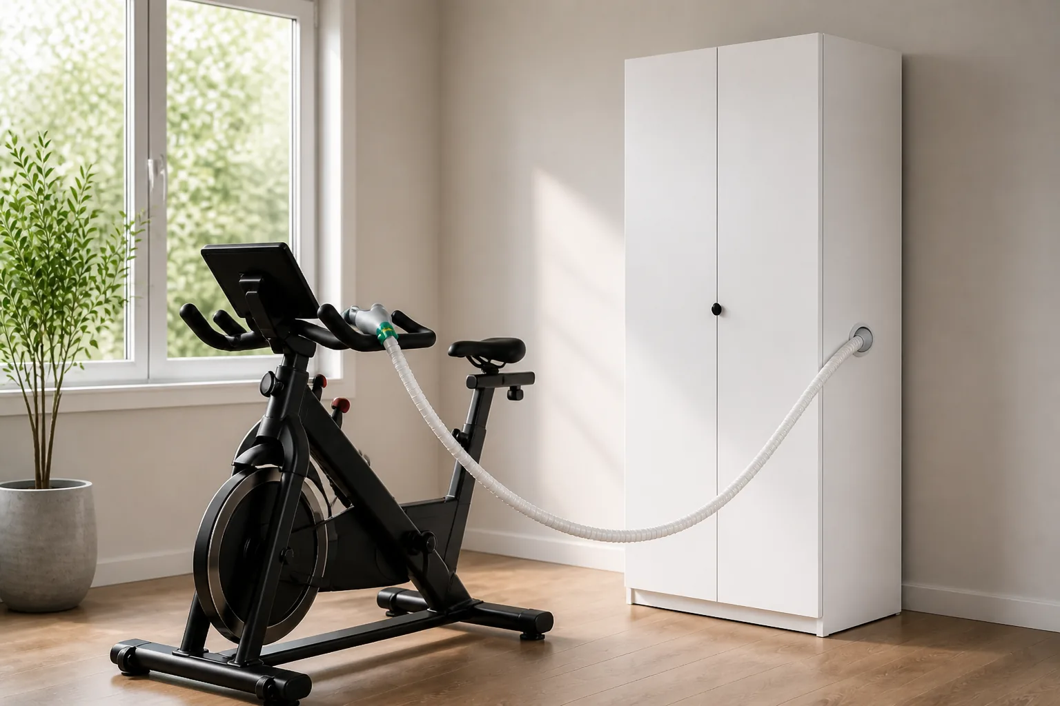 White EWOT cabinet beside a stationary bike with a side delivery hose