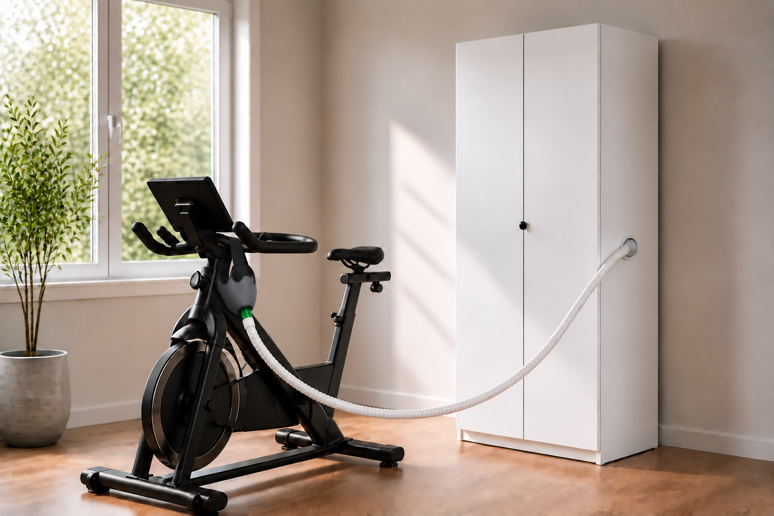 White EWOT cabinet beside a stationary bike with a high-flow mask mounted on the handlebar
