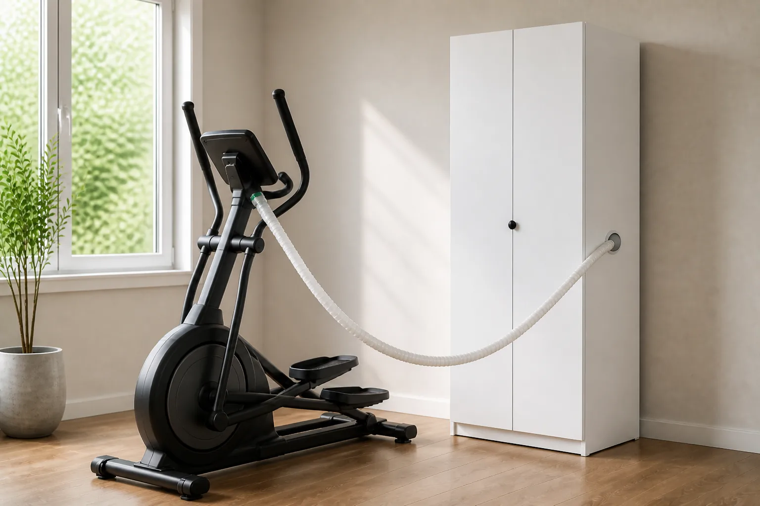 White EWOT cabinet beside an elliptical with a side delivery hose