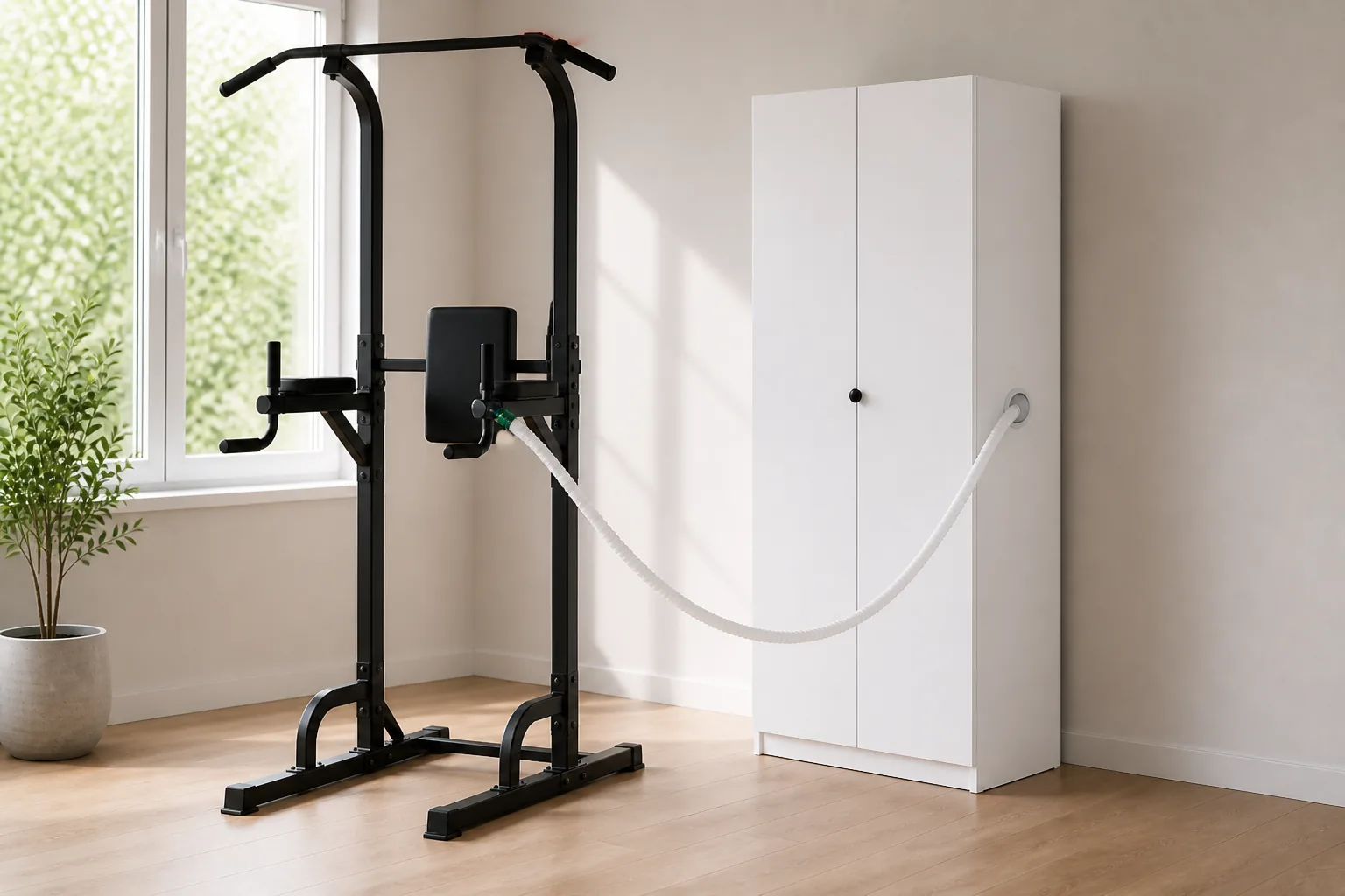 White EWOT cabinet beside a pull-up station with a side delivery hose