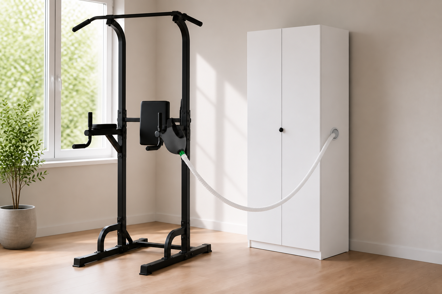 White EWOT cabinet beside a pull-up station with a high-flow mask mounted on the frame