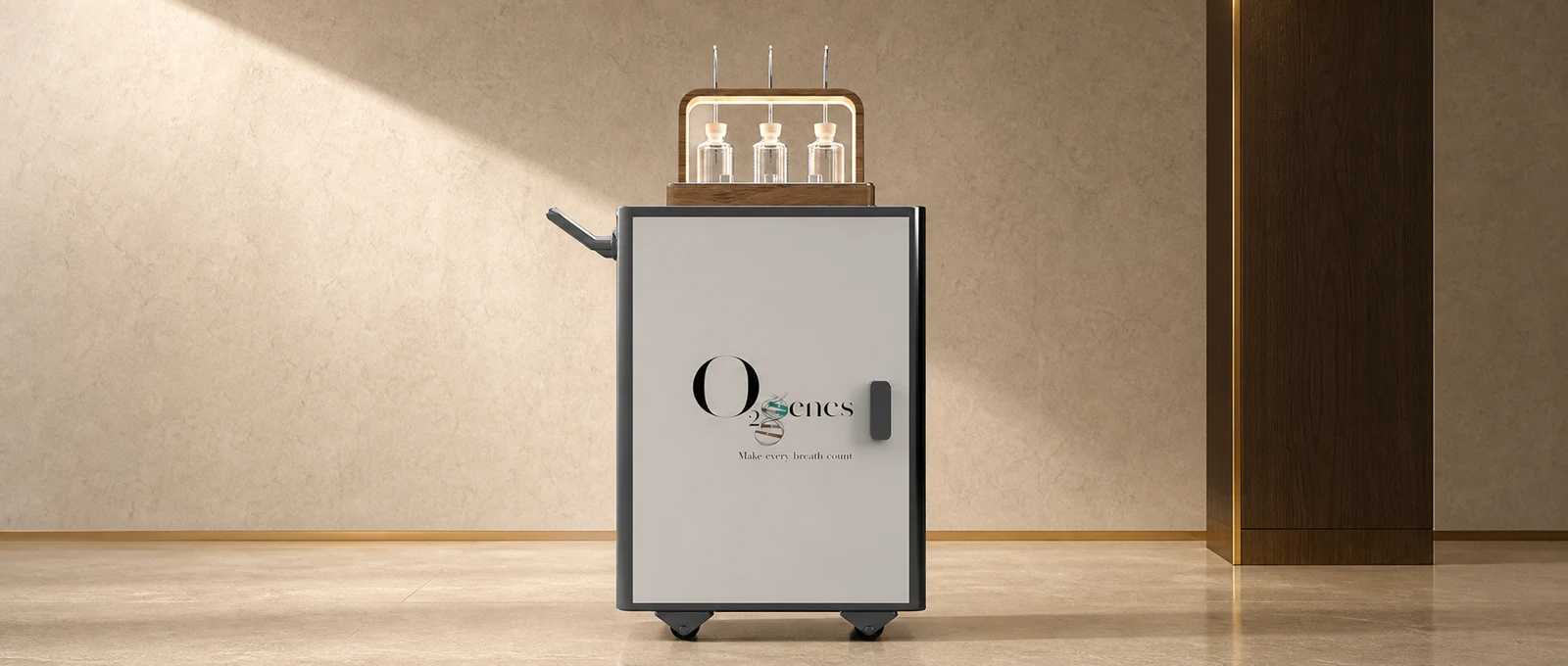 Complete O2genes Oxygen Bar push cart with cabinet, handle, and wheels