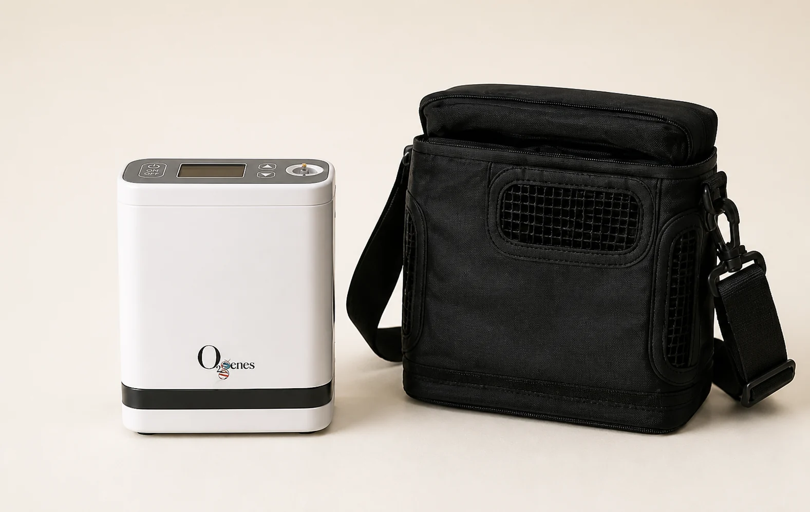 White O2genes POC beside its opaque black ventilated carry case