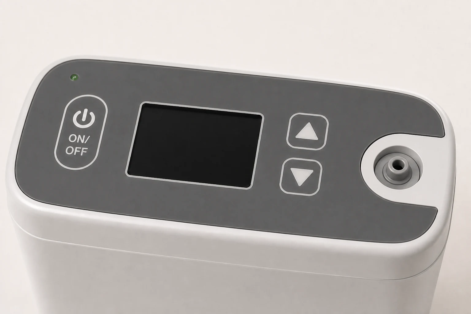 POC control panel with ON/OFF, display, triangle settings, and a short grey oxygen outlet