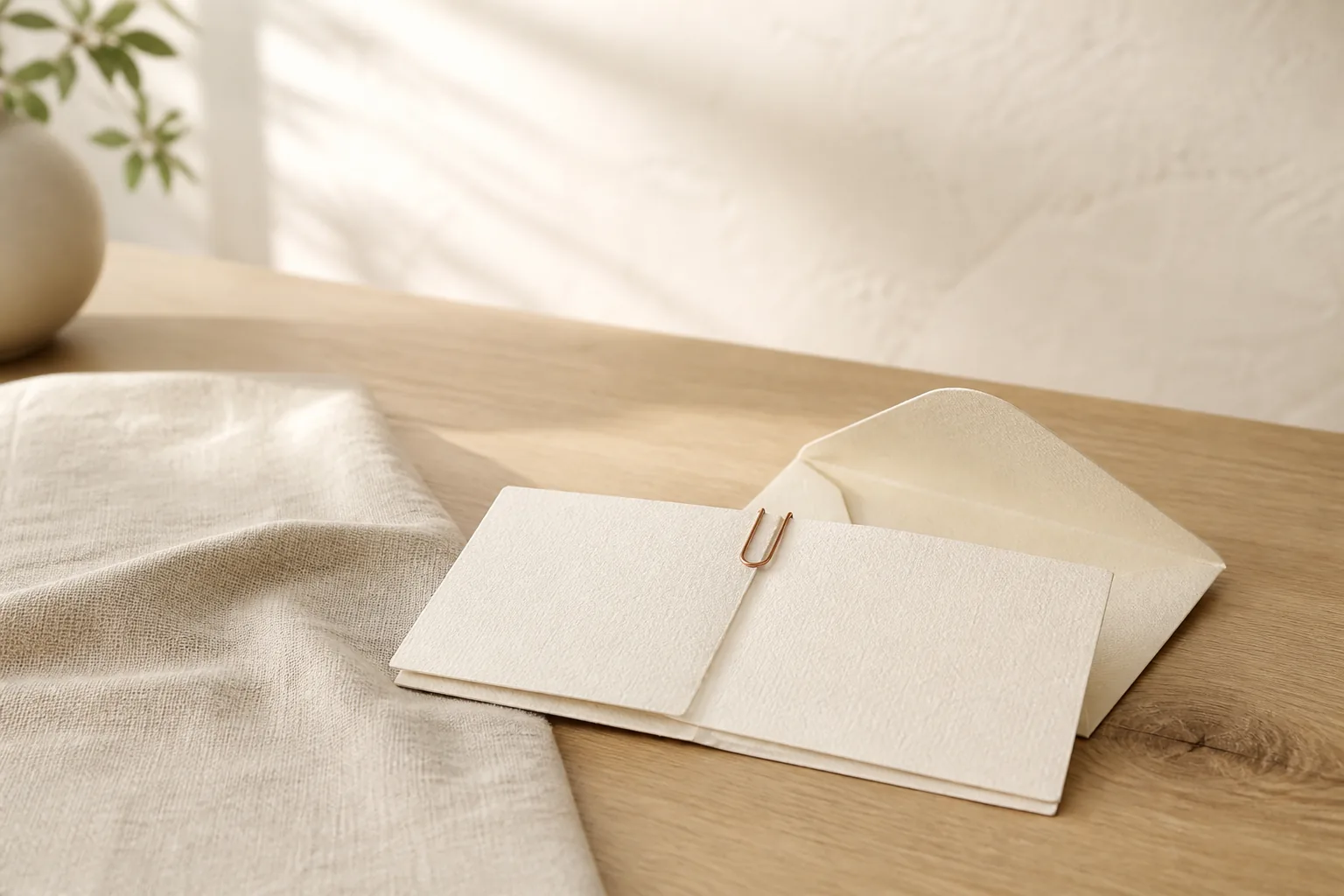 Cream correspondence cards joined by a copper clip